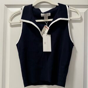 Navy Sleeveless Top with White Trim